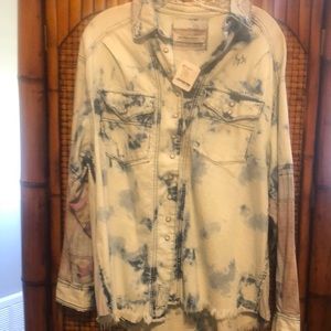 We The free raw hem patch sleeve tye dye denim shirt